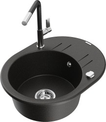 MEXEN/S - Kevin granitový drez 1-miska s odkvapkávačom vrátane batérie Flora, čierna/zlatá metalik (6517-75-670401-07)