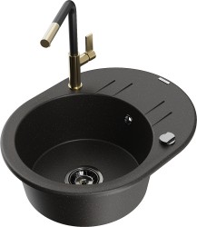 MEXEN/S - Kevin granitový drez 1-miska s odkvapkávačom vrátane batérie Flora, čierna/zlatá metalik (6517-75-670401-57-B)