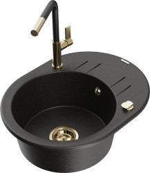 MEXEN/S - Kevin granitový drez 1-miska s odkvapkávačom vrátane batérie Flora, čierna/zlatá metalik (6517-75-670401-57-G)