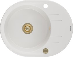 MEXEN/S - Kevin granitový drez 1 s odkvapkávačom 586x458 mm, biela, + zlatý sifón (6517581005-20-G)