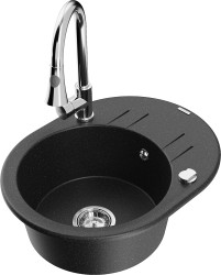 MEXEN/S - Kevin granitový drez 1 s odkvapkávačom vrátane batérie Elia, čierna/strieborná metalík (6517-73-670101-00)