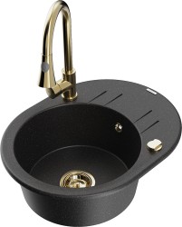 MEXEN/S - Kevin granitový drez 1 s odkvapkávačom vrátane batérie Elia, čierna/strieborná metalík (6517-73-670101-50)