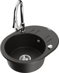 MEXEN/S - Kevin granitový drez 1 s odkvapkávačom vrátane batérie Elia, čierna/zlatá metalik (6517-75-670101-00)