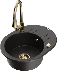 MEXEN/S - Kevin granitový drez 1 s odkvapkávačom vrátane batérie Elia, čierna/zlatá metalik (6517-75-670101-50)