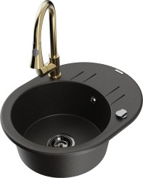 MEXEN/S - Kevin granitový drez 1 s odkvapkávačom vrátane batérie Elia, čierna/zlatá metalik (6517-75-670101-50-B)