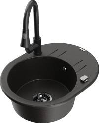 MEXEN/S - Kevin granitový drez 1 s odkvapkávačom vrátane batérie Elia, čierna/zlatá metalik (6517-75-670101-70-B)