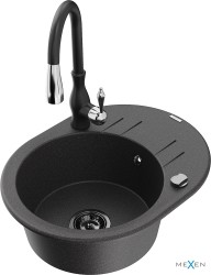 MEXEN/S - Kevin granitový drez 1 s odkvapkávačom vrátane batérie Savita, čierna kropenatá (6517-76-672601-70-B)