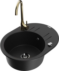 MEXEN/S - Kevin granitový drez 1 s odkvapkávačom vrátane batérie Telma, čierna (6517-77-670200-50-B)