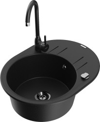 MEXEN/S - Kevin granitový drez 1 s odkvapkávačom vrátane batérie Telma, čierna (6517-77-670200-70-B)