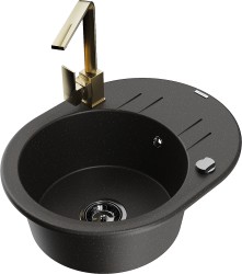 MEXEN/S - Kevin granitový drez s odkvapkávačom vrátane batérie Rita, čierna/zlatá metalik (6517-75-670300-50-B)