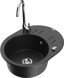 MEXEN/S - Kevin granitový drez s odkvapkávačom vrátane batérie Telma, čierna/strieborná metalík (6517-73-670200-00)