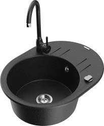 MEXEN/S - Kevin granitový drez s odkvapkávačom vrátane batérie Telma, čierna/strieborná metalík (6517-73-670200-70)