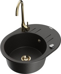 MEXEN/S - Kevin granitový drez s odkvapkávačom vrátane batérie Telma, čierna/zlatá metalik (6517-75-670200-50)