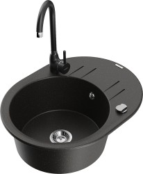 MEXEN/S - Kevin granitový drez s odkvapkávačom vrátane batérie Telma, čierna/zlatá metalik (6517-75-670200-70)