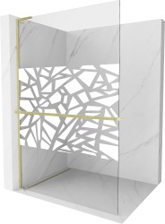 MEXEN/S - Kioto+ L Sprchová zástena WALK-IN s poličkou a držiakom uterákov 100 x 200, biely vzor, zlatá kartáčovaná (800-100-123-55-85)