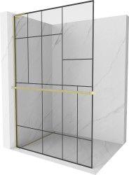 MEXEN/S - Kioto+ L Sprchová zástena WALK-IN s poličkou a držiakom uterákov 120 x 200, čierny vzor, zlatá kartáčovaná (800-120-123-55-78)
