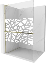 MEXEN/S - Kioto+ L Sprchová zástena WALK-IN s poličkou a držiakom uterákov 70 x 200, biely vzor, zlatá (800-070-123-50-85)