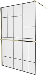MEXEN/S - KIOTO Sprchová zástena WALK-IN s poličkou a držiakom uterákov 120 x 200, transparent/čierna 8 mm, zlatá (800-120-121-50-78)