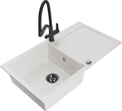 MEXEN/S - Leo granitový drez 1-miska s odkvapkávačom vrátane batérie Duo, biela (6501-20-671701-70-B)