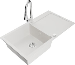 MEXEN/S - Leo granitový drez 1-miska s odkvapkávačom vrátane batérie Elia, biela (6501-20-670101-00)