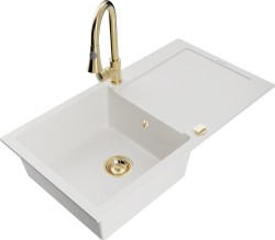 MEXEN/S - Leo granitový drez 1-miska s odkvapkávačom vrátane batérie Elia, biela (6501-20-670101-50)