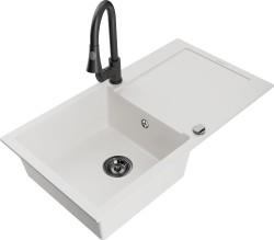 MEXEN/S - Leo granitový drez 1-miska s odkvapkávačom vrátane batérie Elia, biela (6501-20-670101-70)