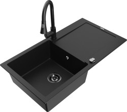 MEXEN/S - Leo granitový drez 1-miska s odkvapkávačom vrátane batérie Elia, čierna (6501-77-670101-70-B)