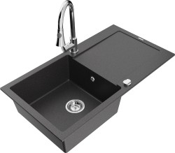 MEXEN/S - Leo granitový drez 1-miska s odkvapkávačom vrátane batérie Elia, čierna kropenatá (6501-76-670101-00)