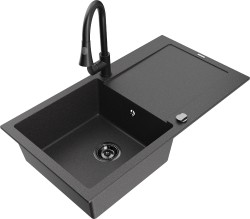 MEXEN/S - Leo granitový drez 1-miska s odkvapkávačom vrátane batérie Elia, čierna kropenatá (6501-76-670101-70-B)