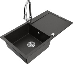 MEXEN/S - Leo granitový drez 1-miska s odkvapkávačom vrátane batérie Elia, čierna/zlatá metalik (6501-75-670101-00)