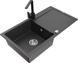 MEXEN/S - Leo granitový drez 1-miska s odkvapkávačom vrátane batérie Rita, čierny kropenatý (6501-76-670300-70)