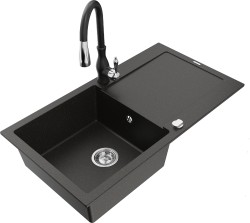 MEXEN/S - Leo granitový drez 1-miska s odkvapkávačom vrátane batérie Savita, čierna/zlatá metalik (6501-75-672601-70)