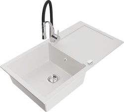 MEXEN/S - Leo granitový drez 1 s odkvapkávačom vrátane batérie Aster, biela (6501-20-73450-07)