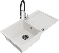MEXEN/S - Leo granitový drez 1 s odkvapkávačom vrátane batérie Aster, biela (6501-20-73450-07-B)