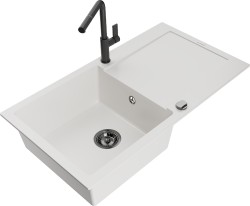 MEXEN/S - Leo granitový drez 1 s odkvapkávačom vrátane batérie Flora, biela (6501-20-670401-70-B)