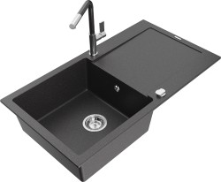 MEXEN/S - Leo granitový drez 1 s odkvapkávačom vrátane batérie Flora, čierna kropenatá (6501-76-670401-08)