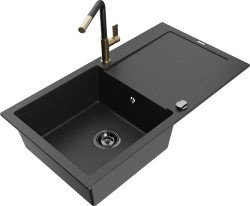MEXEN/S - Leo granitový drez 1 s odkvapkávačom vrátane batérie Flora, čierna/strieborná metalík (6501-73-670401-57-B)