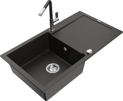 MEXEN/S - Leo granitový drez 1 s odkvapkávačom vrátane batérie Flora, čierna/zlatá metalik (6501-75-670401-07)