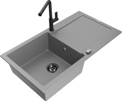 MEXEN/S - Leo granitový drez 1 s odkvapkávačom vrátane batérie Flora, šedá (6501-71-670401-70-B)
