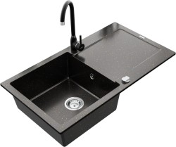MEXEN/S - Leo granitový drez 1 s odkvapkávačom vrátane batérie Telma, čierna/zlatý metalik (6501-75-670200-70)