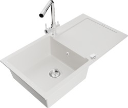 MEXEN/S - Leo granitový drez s odkvapkávačom vrátane batérie Duero, biela (6501-20-671600-00)