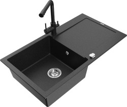 MEXEN/S - Leo granitový drez s odkvapkávačom vrátane batérie Duero, čierna/strieborná metalík (6501-73-671600-70)