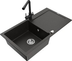 MEXEN/S - Leo granitový drez s odkvapkávačom vrátane batérie Duero, čierna/zlatá metalik (6501-75-671600-70)