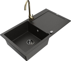 MEXEN/S - Leo granitový drez s odkvapkávačom vrátane batérie Telma, čierna/zlatá metalik (6501-75-670200-50-B)