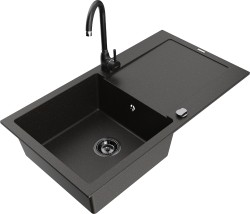 MEXEN/S - Leo granitový drez s odkvapkávačom vrátane batérie Telma, čierna/zlatá metalik (6501-75-670200-70-B)