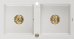 MEXEN/S - Mario granitový drez 2-bowl 820x436 mm, biela, + zlatý sifón (6504822000-20-G)