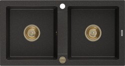 MEXEN/S - Mario granitový drez 2-bowl 820x436 mm, čierna / zlatá metalik, + zlatý sifón (6504822000-75-G)