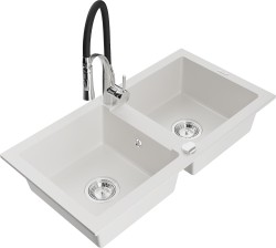 MEXEN/S - Mario granitový drez 2-bowl vrátane batérie Aster, biela (6504-20-73450-07)
