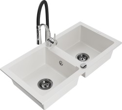 MEXEN/S - Mario granitový drez 2-bowl vrátane batérie Aster, biela (6504-20-73450-07-B)