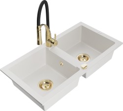 MEXEN/S - Mario granitový drez 2-bowl vrátane batérie Aster, biela (6504-20-73450-57-G)
